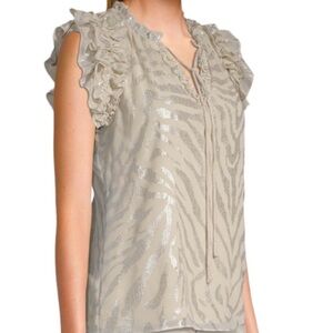White House Black Market Zebra Ruffled tan/Beige Silver Top Lined Feminine